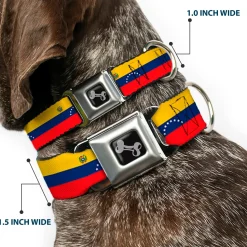 Dog Bone Black/Silver Seatbelt Buckle Collar - Venezuela Flag Continious Repeat