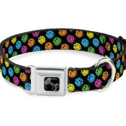 Dog Bone Black/Silver Seatbelt Buckle Collar - Smiley Faces Melted Mini Repeat Angle Black/Multi Neon