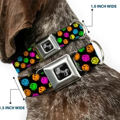 Dog Bone Black/Silver Seatbelt Buckle Collar - Smiley Faces Melted Mini Repeat Angle Black/Multi Neon