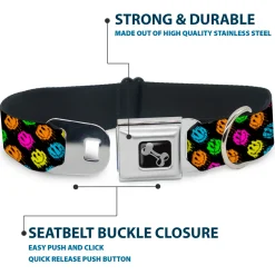 Dog Bone Black/Silver Seatbelt Buckle Collar - Smiley Faces Melted Mini Repeat Angle Black/Multi Neon