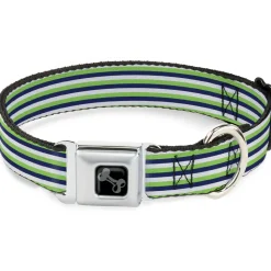 Dog Bone Black/Silver Seatbelt Buckle Collar - Fine Stripes White/Neon Green/Navy