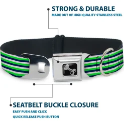 Dog Bone Black/Silver Seatbelt Buckle Collar - Fine Stripes White/Neon Green/Navy