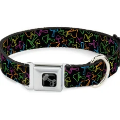 Dog Bone Black/Silver Seatbelt Buckle Collar - Mushroom Outline Scattered Black/Multi Neon