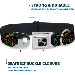 Dog Bone Black/Silver Seatbelt Buckle Collar - Mushroom Outline Scattered Black/Multi Neon