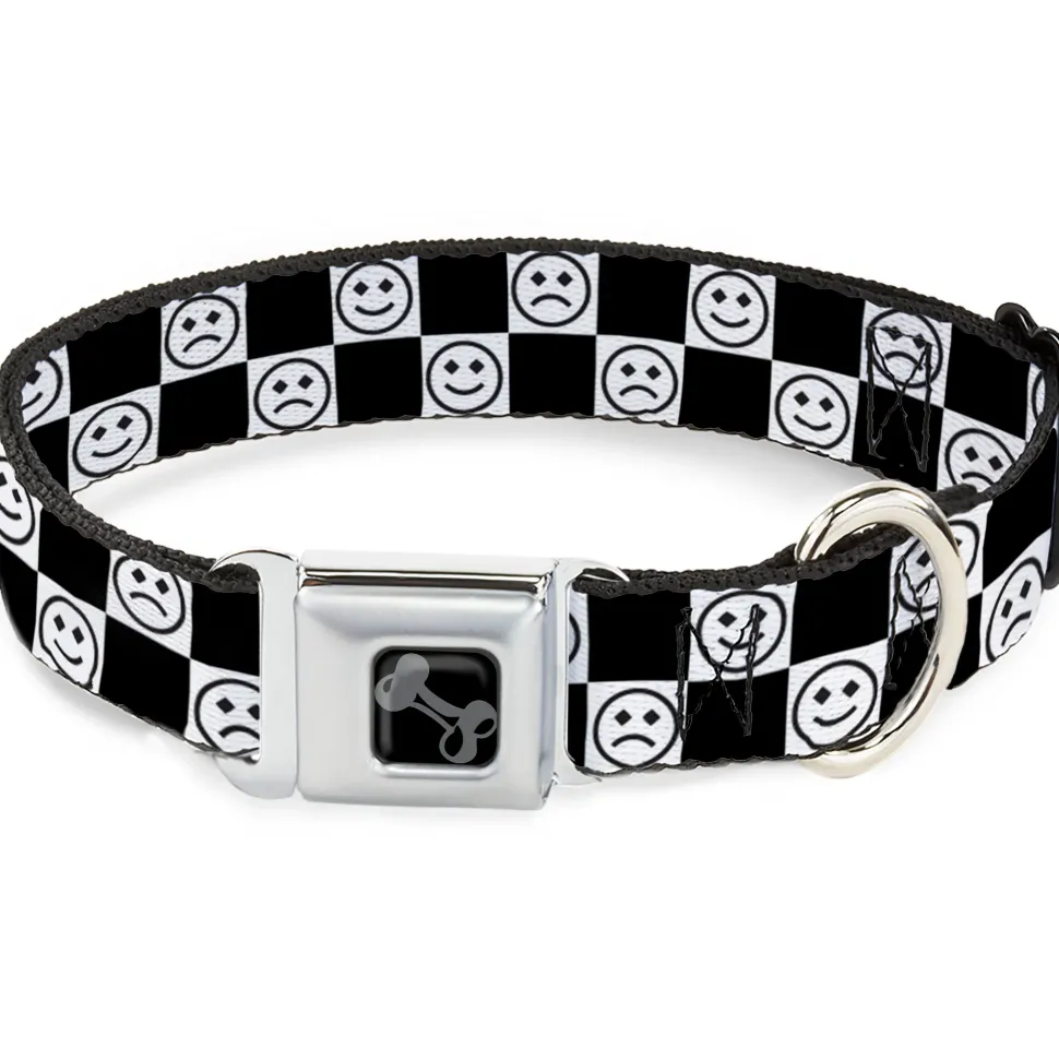 Dog Bone Black/Silver Seatbelt Buckle Collar - Smiley Sad Face Checker Black/White