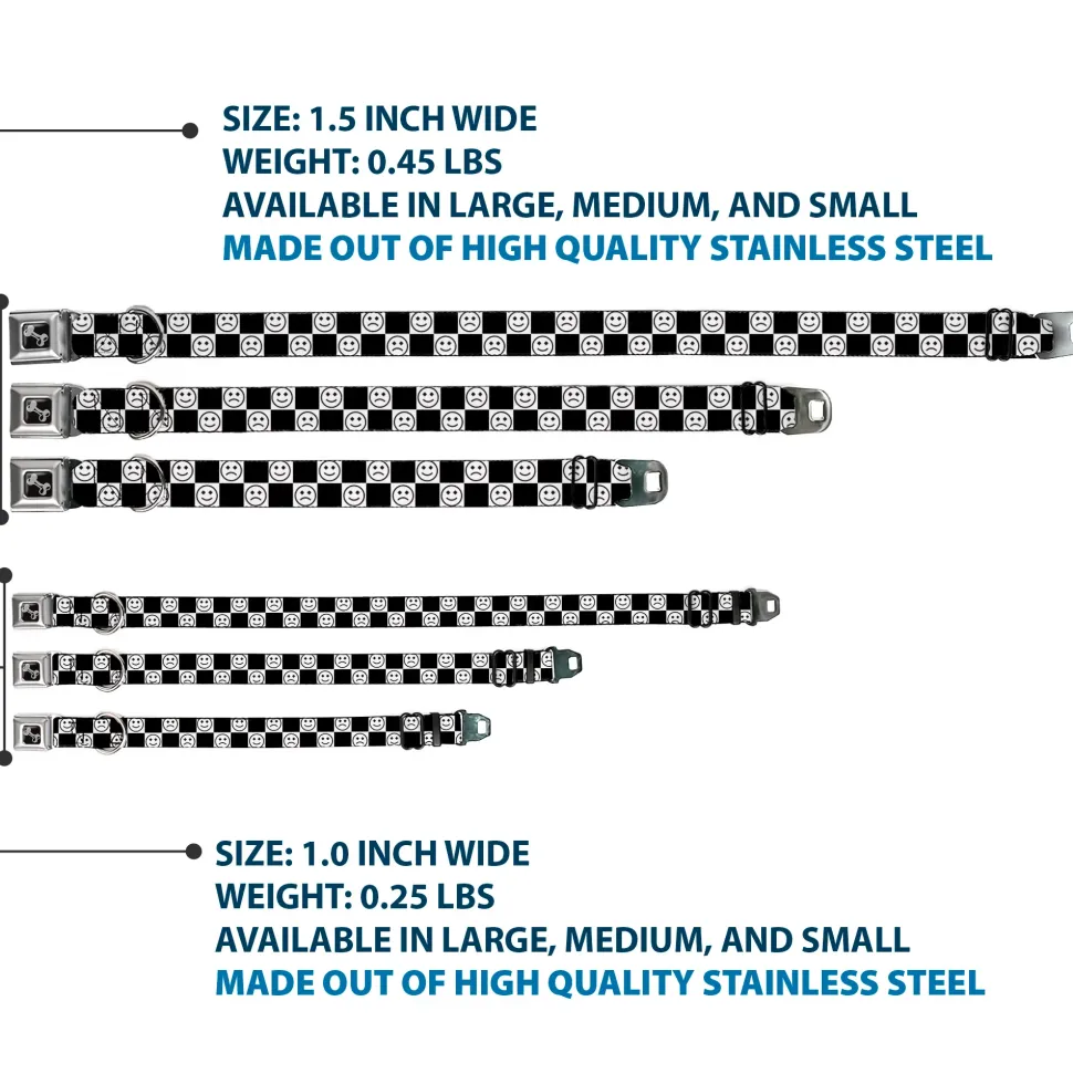 Dog Bone Black/Silver Seatbelt Buckle Collar - Smiley Sad Face Checker Black/White