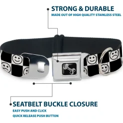 Dog Bone Black/Silver Seatbelt Buckle Collar - Smiley Sad Face Checker Black/White