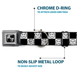 Dog Bone Black/Silver Seatbelt Buckle Collar - Smiley Sad Face Checker Black/White