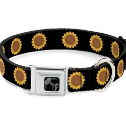 Dog Bone Black/Silver Seatbelt Buckle Collar - Sunflower Face Repeat Black
