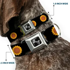 Dog Bone Black/Silver Seatbelt Buckle Collar - Sunflower Face Repeat Black