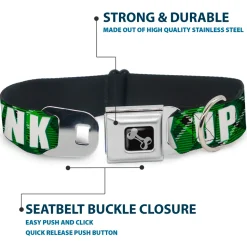 Dog Bone Black/Silver Seatbelt Buckle Collar - St. Pat's DRINK UP BITCHES/Beer Mugs/Stacked Shamrocks Greens/White/Gold