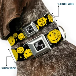 Dog Bone Black/Silver Seatbelt Buckle Collar - Smiley Face Splatter Scattered Black/Yellow