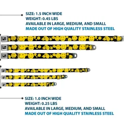 Dog Bone Black/Silver Seatbelt Buckle Collar - Smiley Face Splatter Scattered Black/Yellow