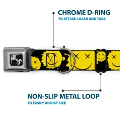 Dog Bone Black/Silver Seatbelt Buckle Collar - Smiley Face Splatter Scattered Black/Yellow