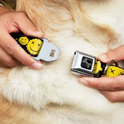 Dog Bone Black/Silver Seatbelt Buckle Collar - Smiley Face Splatter Scattered Black/Yellow