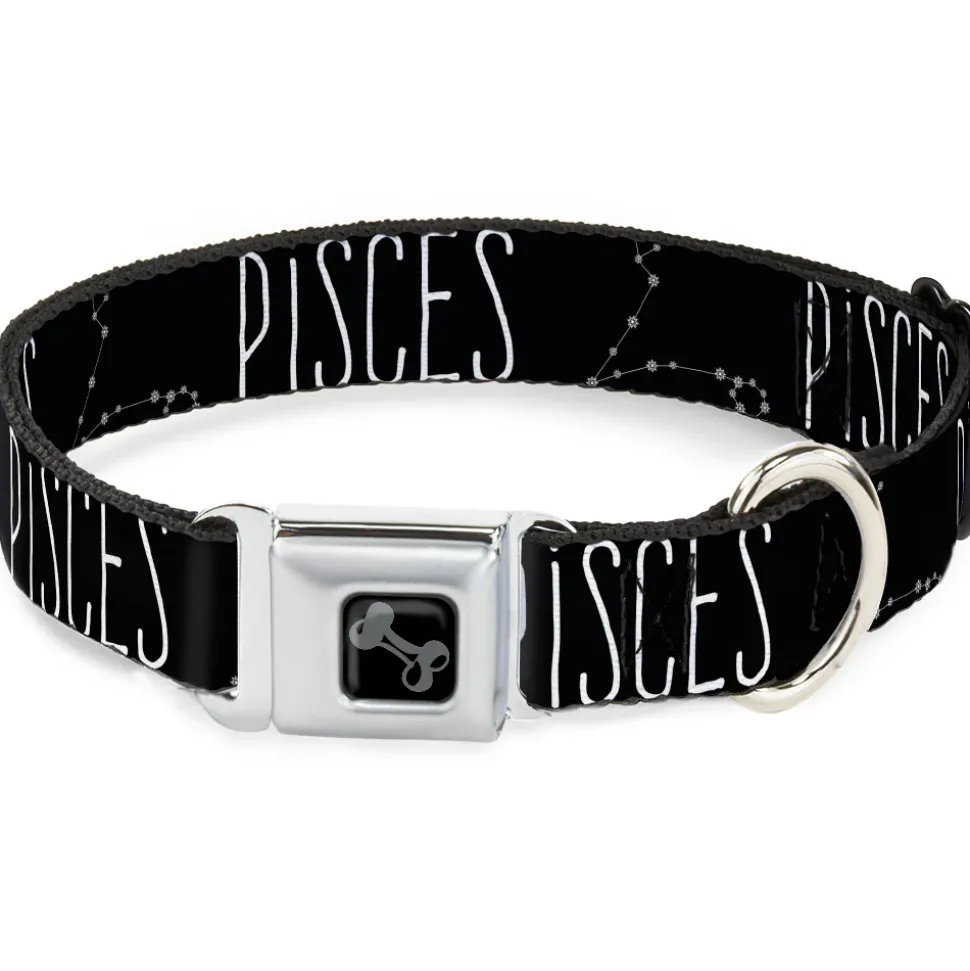 Dog Bone Black/Silver Seatbelt Buckle Collar - Zodiac PISCES/Constellation Black/White