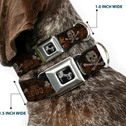 Dog Bone Black/Silver Seatbelt Buckle Collar - Western NO GUTS NO GLORY Skull and Crossbones Browns/Gray