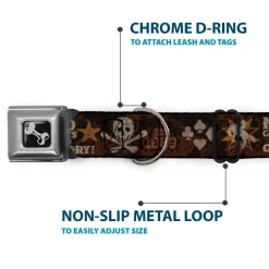Dog Bone Black/Silver Seatbelt Buckle Collar - Western NO GUTS NO GLORY Skull and Crossbones Browns/Gray