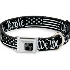 Dog Bone Black/Silver Seatbelt Buckle Collar - Americana Flag/WE THE PEOPLE Black/White