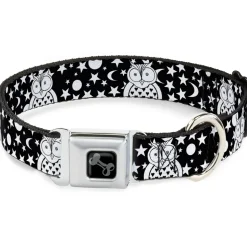 Dog Bone Black/Silver Seatbelt Buckle Collar - Owls Black/White2