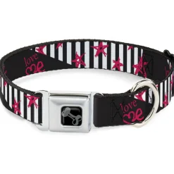 Dog Bone Black/Silver Seatbelt Buckle Collar - Love Me w/Sketch Stars & Stripes Black/White/Fuchsia