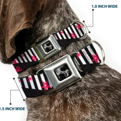 Dog Bone Black/Silver Seatbelt Buckle Collar - Love Me w/Sketch Stars & Stripes Black/White/Fuchsia