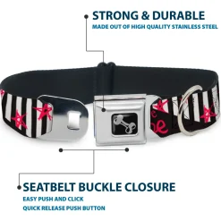 Dog Bone Black/Silver Seatbelt Buckle Collar - Love Me w/Sketch Stars & Stripes Black/White/Fuchsia