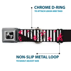 Dog Bone Black/Silver Seatbelt Buckle Collar - Love Me w/Sketch Stars & Stripes Black/White/Fuchsia