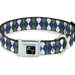 Dog Bone Black/Silver Seatbelt Buckle Collar - Argyle Navy/Green/White/Gold