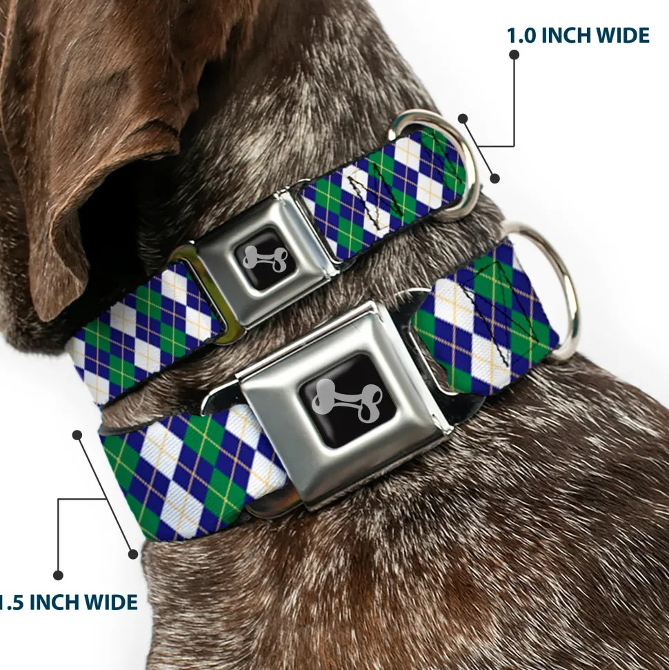 Dog Bone Black/Silver Seatbelt Buckle Collar - Argyle Navy/Green/White/Gold