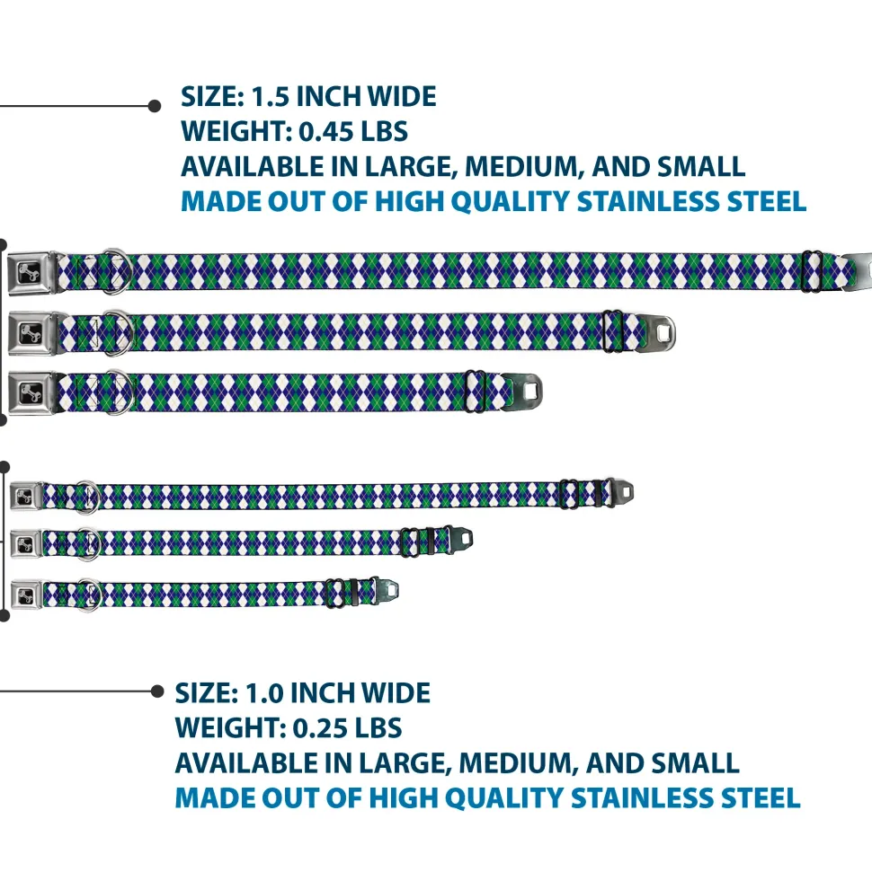 Dog Bone Black/Silver Seatbelt Buckle Collar - Argyle Navy/Green/White/Gold