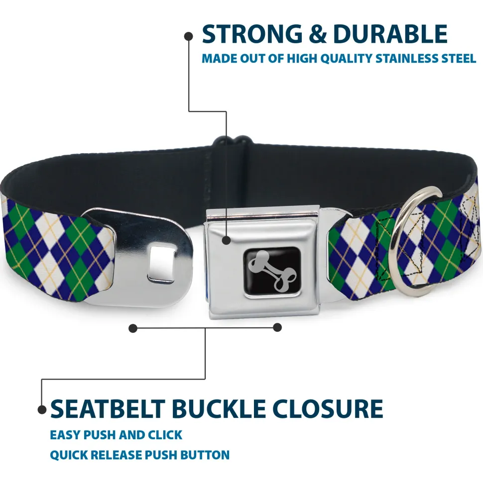Dog Bone Black/Silver Seatbelt Buckle Collar - Argyle Navy/Green/White/Gold