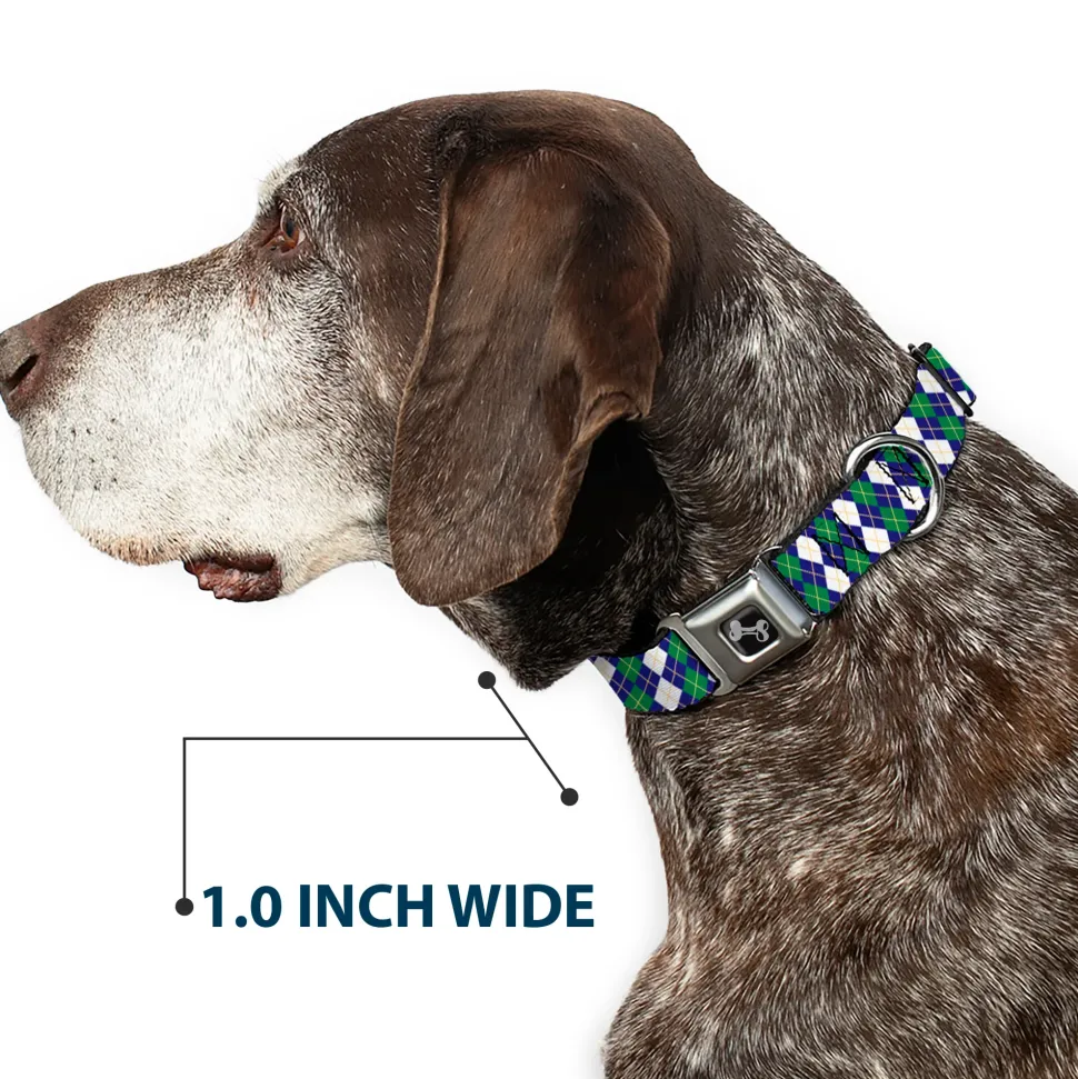 Dog Bone Black/Silver Seatbelt Buckle Collar - Argyle Navy/Green/White/Gold