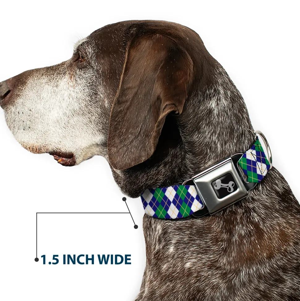 Dog Bone Black/Silver Seatbelt Buckle Collar - Argyle Navy/Green/White/Gold