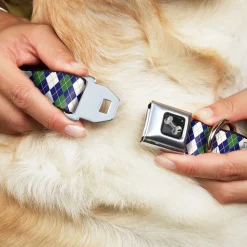 Dog Bone Black/Silver Seatbelt Buckle Collar - Argyle Navy/Green/White/Gold