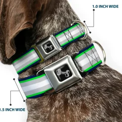 Dog Bone Black/Silver Seatbelt Buckle Collar - Stripes Navy/Neon Green/Silver/White