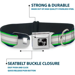 Dog Bone Black/Silver Seatbelt Buckle Collar - Stripes Navy/Neon Green/Silver/White