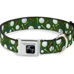 Dog Bone Black/Silver Seatbelt Buckle Collar - Golf Balls/Tees Scattered Green/Multi Color
