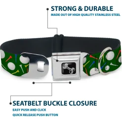 Dog Bone Black/Silver Seatbelt Buckle Collar - Golf Balls/Tees Scattered Green/Multi Color