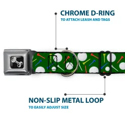 Dog Bone Black/Silver Seatbelt Buckle Collar - Golf Balls/Tees Scattered Green/Multi Color