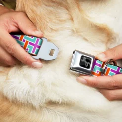 Dog Bone Black/Silver Seatbelt Buckle Collar - Weave CLOSE-UP White/Pink/Orange/Aqua