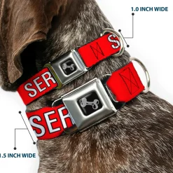 Dog Bone Black/Silver Seatbelt Buckle Collar - SERVICE DOG Red/Black/White
