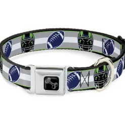 Dog Bone Black/Silver Seatbelt Buckle Collar - Football/Helmet Stripe2 Black/Neon Green/Silver/White/Blue