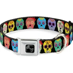 Dog Bone Black/Silver Seatbelt Buckle Collar - Painted Sugar Skulls Black/Multi Color