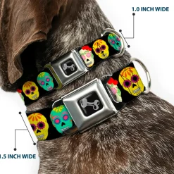 Dog Bone Black/Silver Seatbelt Buckle Collar - Painted Sugar Skulls Black/Multi Color