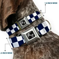 Dog Bone Black/Silver Seatbelt Buckle Collar - Checker Midnight Blue/White