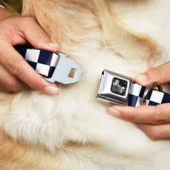 Dog Bone Black/Silver Seatbelt Buckle Collar - Checker Midnight Blue/White