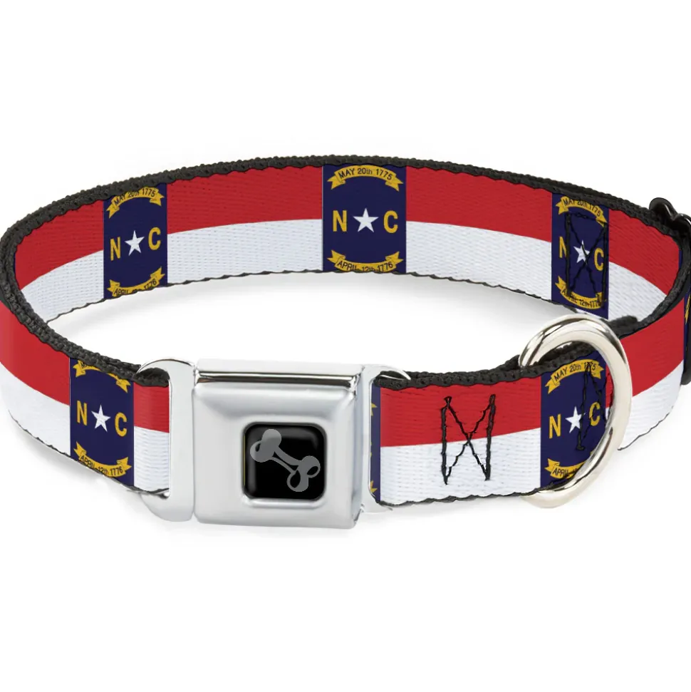 Dog Bone Black/Silver Seatbelt Buckle Collar - North Carolina Flag Continuous Repeat