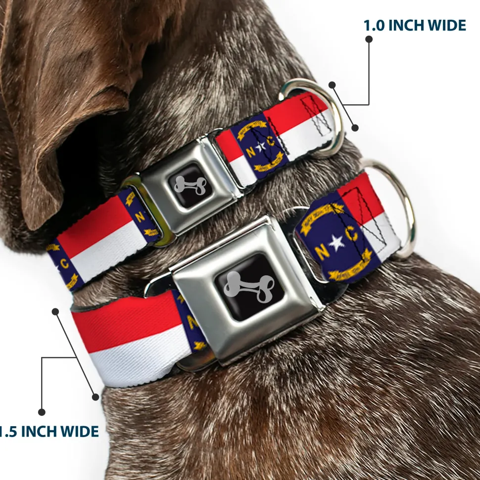 Dog Bone Black/Silver Seatbelt Buckle Collar - North Carolina Flag Continuous Repeat