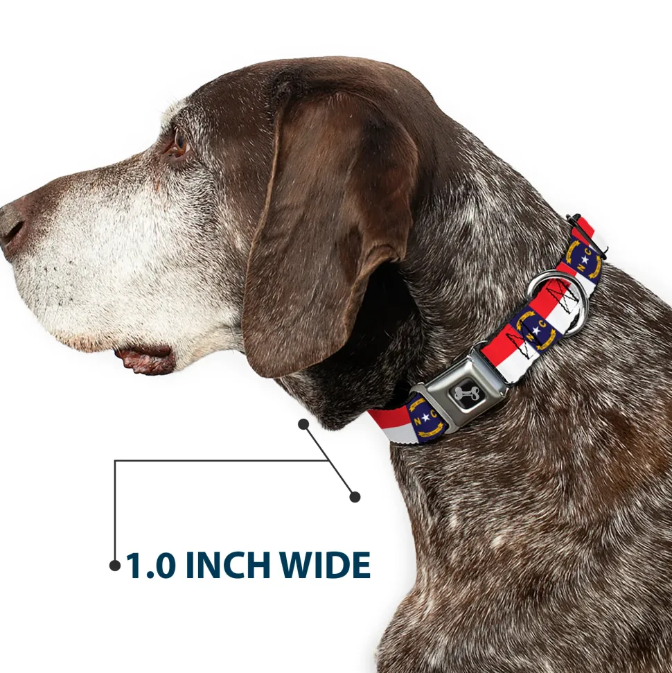 Dog Bone Black/Silver Seatbelt Buckle Collar - North Carolina Flag Continuous Repeat